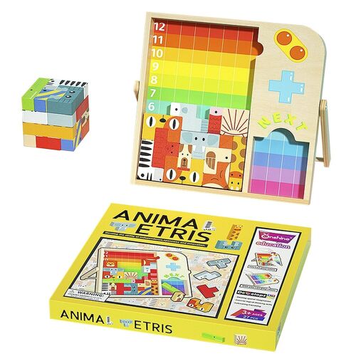 Tetris de animales para niños, con tablero y piezas de madera. Incluye cubo rompecabezas y 4 juegos para 2 jugadores. DMAN0117C91