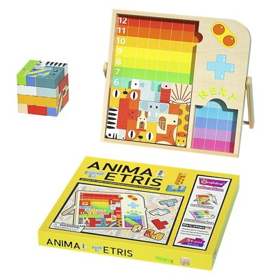 Animal Tetris pour enfants, avec plateau et pièces en bois. Comprend un cube de puzzle et 4 jeux pour 2 joueurs. DMAN0117C91