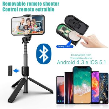 Trépied extensible avec perche à selfie et télécommande Bluetooth. Prise en charge des smartphones et des appareils photo. DMAD0025C00 5