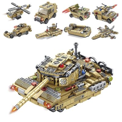 8-in-1 wheeled tank infantry vehicle, with 725 pieces. Build 8 individual models with 2 shapes each. DMAK0279C91
