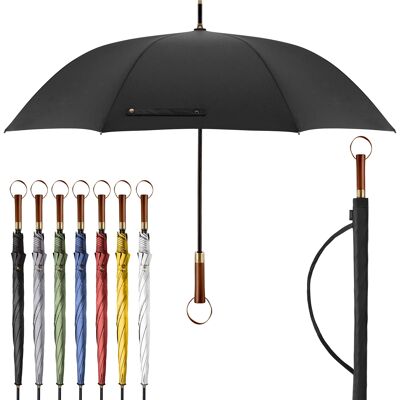 Parapluie haut de gamme | Effet lotus | Manche en bois | Parapluie bâton noir