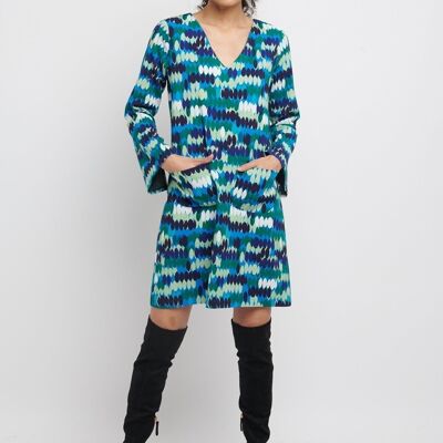 robe trapeze col v motif enrang bleu