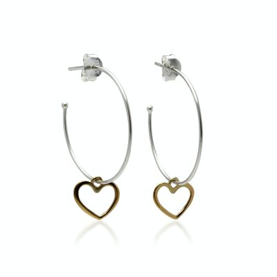 Cerchi in argento sterling fatti a mano con delicati orecchini a cuore in oro 14kt