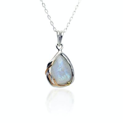 Rainbow Moonstone Handmade Droplet Pendant with Gold Detailing