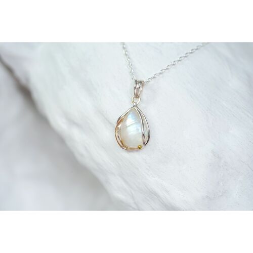 Rainbow Moonstone Handmade Droplet Pendant with Gold Detailing
