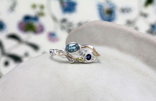 Gentle Flowing Handmade Ring with Blue Topaz, Iolite and Gold Details