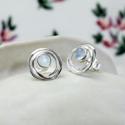 Handmade Sterling Silver Stud Earrings with Rainbow Moonstone