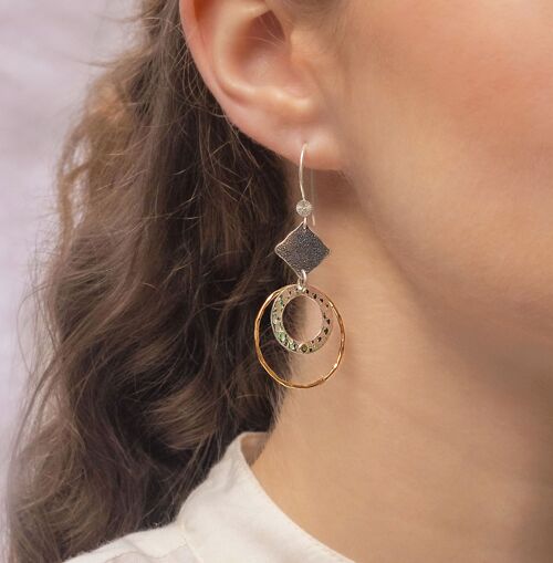 Organic Two Tone Textured Circle & Diamond Shape Drop Earrings