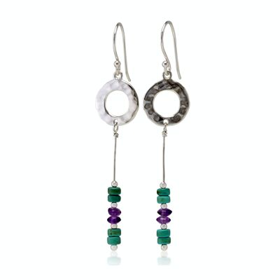 Handmade Hammered Circle Drop Earrings with Turquoise and Amethyst