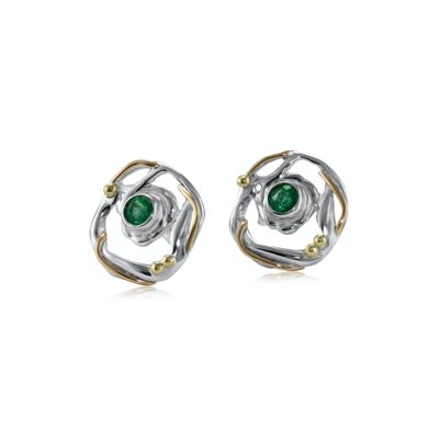 Handmade Organic Circular Sterling Silver Studs Set with Emerald