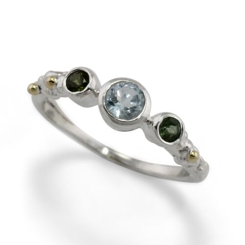 Blue Topaz and Green Tourmaline Sterling Silver Handmade Ring with Flower Details