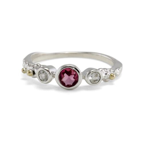 Pink Tourmaline and White Topaz in Dainty Sterling Silver Ring with Flower Detail