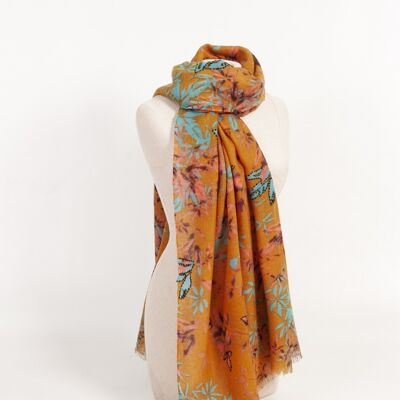 Pure wool scarf with embroidery - curry