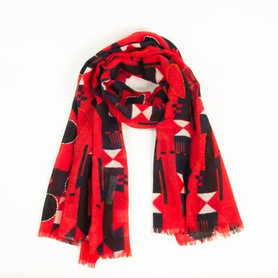 Pure wool scarf with embroidery - coral