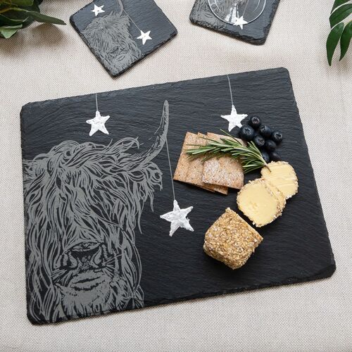 Silver Leaf Slate Cheese Board - Christmas Highland Cow