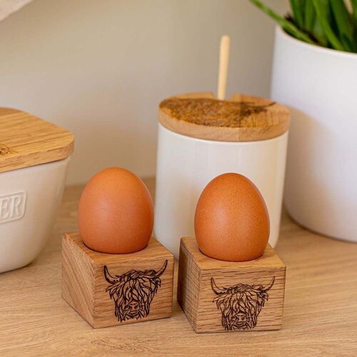 2 Oak Egg Cups - Highland Cow