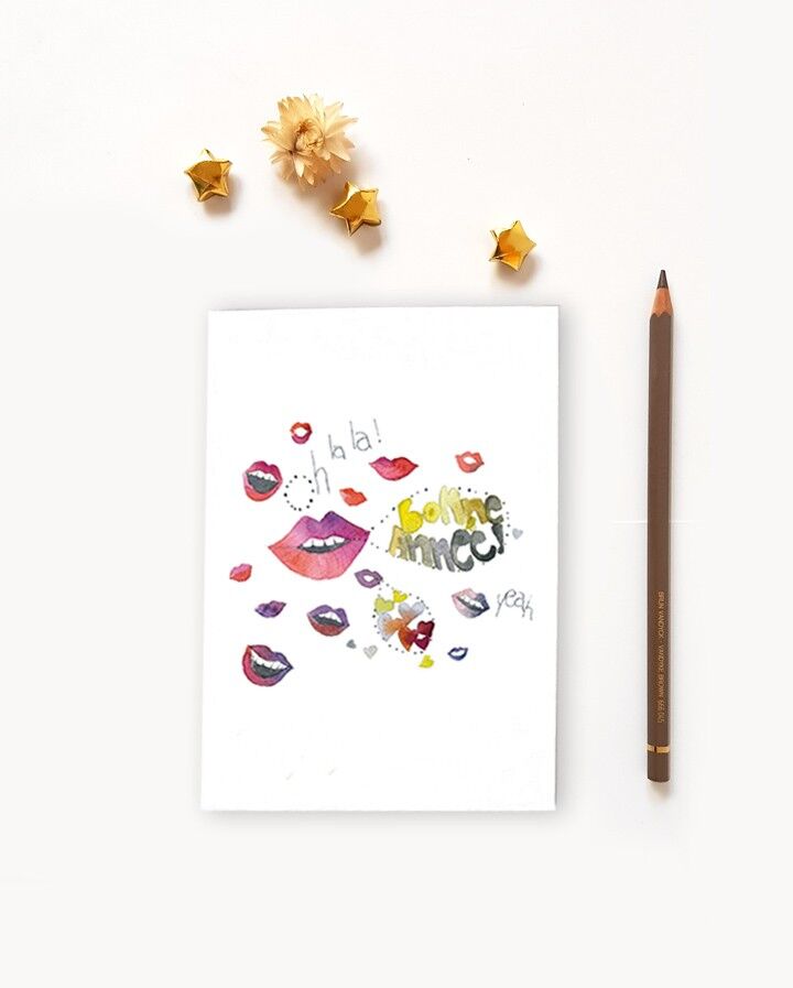 DOPPELTE GRUßKARTE FÜR EIN GLÜCKLICHES NEUES JAHR, LUSTIGE AQUARELL-ROTE LIPPEN