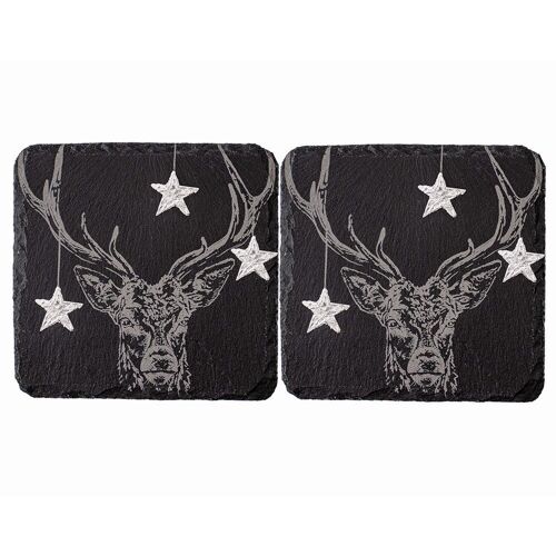 2 Silver Leaf Slate Coasters - Christmas Stag