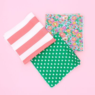 Green heart pattern fabric handkerchiefs x3