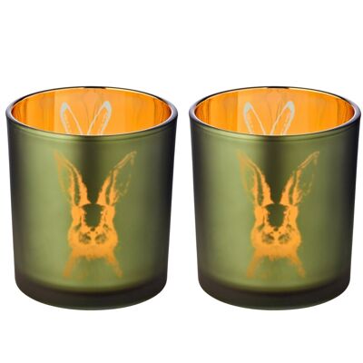 Set of 2 rabbit tealight glass hurricanes, outside green / inside gold, rabbit design, height 8 cm, ø 7 cm