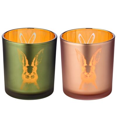 Set of 2 rabbit tealight glass lanterns, green / pink, rabbit design, height 8 cm, ø 7 cm