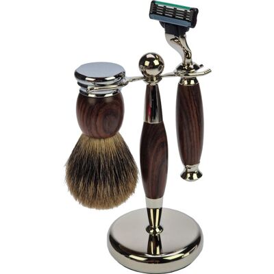 Set da barba palissandro/cromo, rasoio con lama Mach 3, pennello Rein Badger