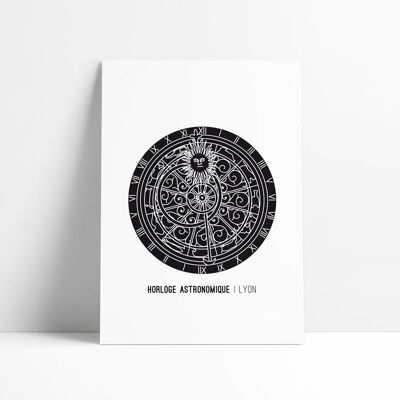 Black and White Poster - Lyon Astronomical Clock
