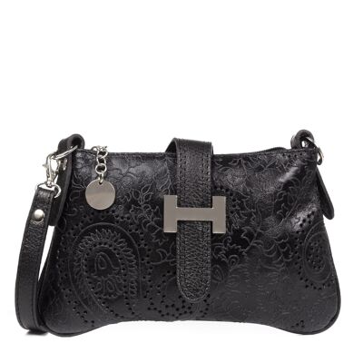 Allerona Women's Handbag. Genuine Leather Suede Arabesque Engraving. - Black