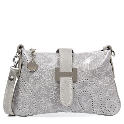 Allerona Women's Handbag. Genuine Leather Suede Arabesque Engraving. - Light grey