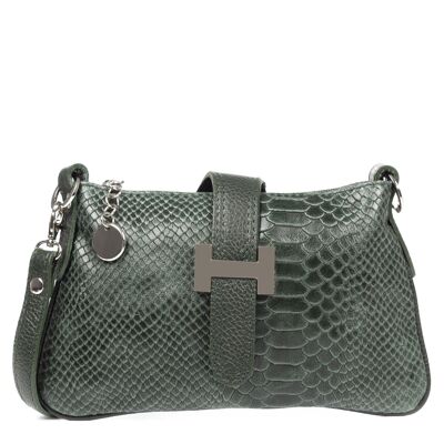 Allerona Women's Handbag. Genuine Leather Suede Engraved Snake - Olive Green