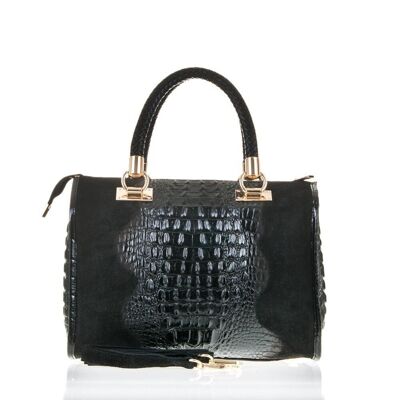 Anacapri Women's Tote Bag. Genuine Leather Suede Crocodile Engraving - Black