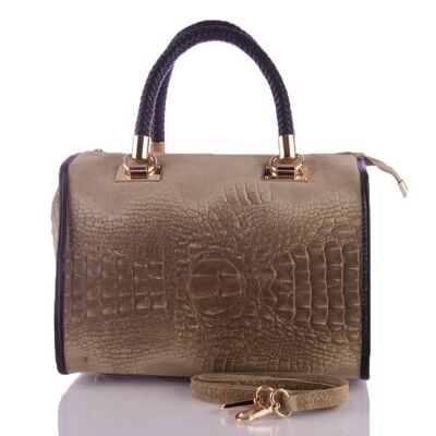 Anacapri Women's Tote Bag. Genuine Leather Suede Crocodile Engraving - Taupe
