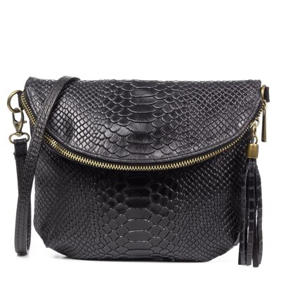 Ancona Women's shoulder bag. Genuine leather Suede embossed snake - Black