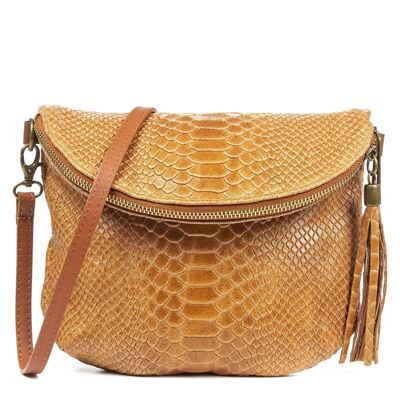 Ancona Women's shoulder bag. Genuine leather Suede engraved snake - Leather