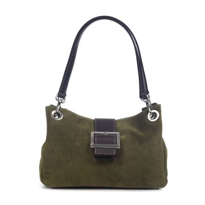 Anzio Women's Shoulder Bag. Genuine Leather Suede - Olive Green