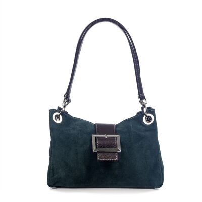 Anzio Women's Shoulder Bag. Genuine Suede Leather - Petrol Blue
