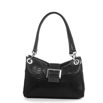 Anzio Women's Shoulder Bag. Genuine Leather Suede Engraved Snake - Black