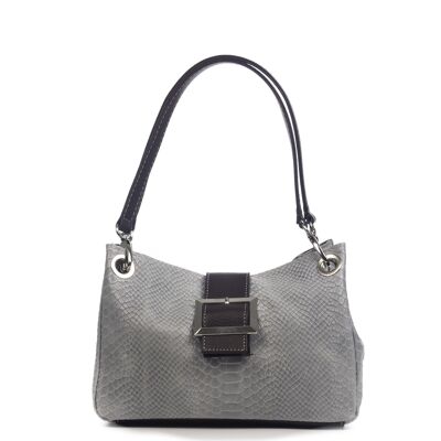 Anzio Women's Shoulder Bag. Genuine Leather Suede Engraved Snake - Gray