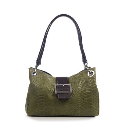 Anzio Women's Shoulder Bag. Genuine Leather Suede Embossed Snake - Olive Green