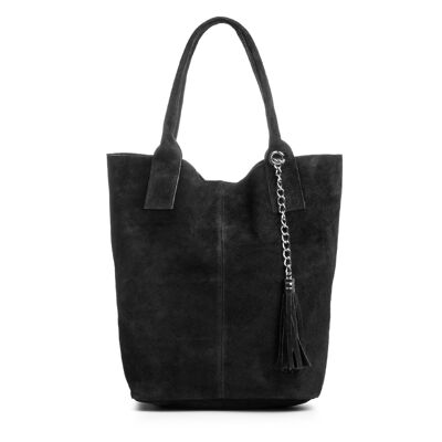 Chiusi Women's Shopper Bag. Genuine Suede Leather - Black