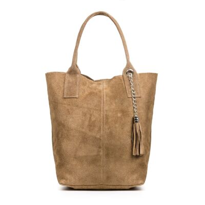 Chiusi Women's Shopper Bag. Genuine Suede Leather - Taupe