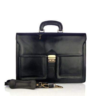 Pescara Briefcase Unisex. Genuine Cowhide Leather - Black