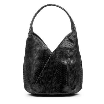 Ponteranica Sac à Bandoulière pour Femme Serpent Gravé en Daim en Cuir Véritable - Noir