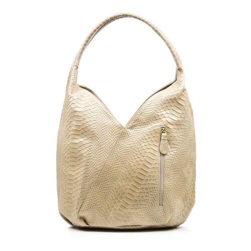 Ponteranica Bolso de hombro Mujer.Piel auténtica Gamuza Grabado Serpiente - Beige