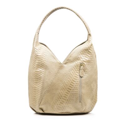 Ponteranica Women's Shoulder Bag. Genuine Leather Suede Engraved Snake - Beige