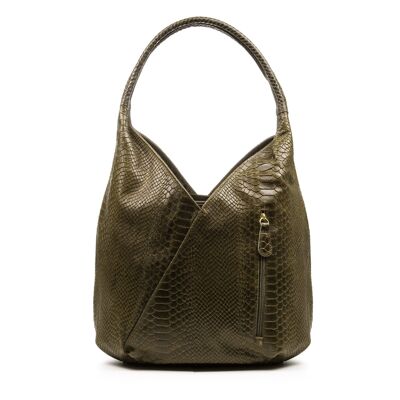 Ponteranica Women's Shoulder Bag. Genuine Leather Suede Engraved Snake - Dark Green