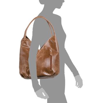 Ponteranica Sac à Bandoulière pour Femme Serpent Gravé en Daim en Cuir Véritable - Marron 9