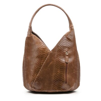 Ponteranica Women's Shoulder Bag. Genuine Leather Suede Engraved Snake - Brown