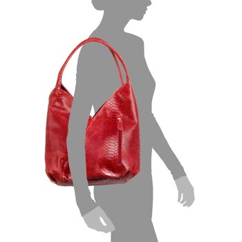 Ponteranica Sac à Bandoulière pour Femme Serpent Gravé en Daim en Cuir Véritable - Rouge 9