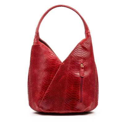 Ponteranica Women's Shoulder Bag. Genuine Leather Suede Engraved Snake - Red